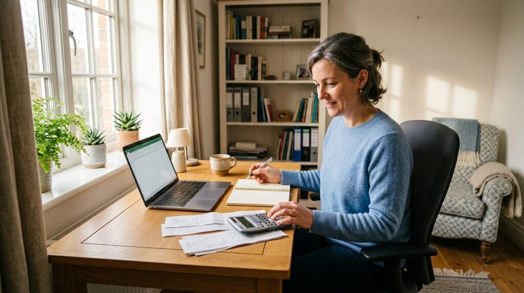 A small business owner working through receipts and a calculator at a desk in a converted spare room
