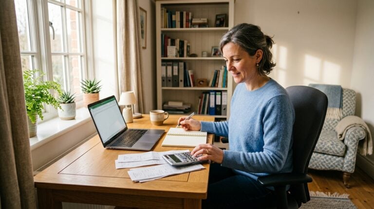 A small business owner working through receipts and a calculator at a desk in a converted spare room