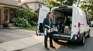 A cleaning business owner loading supplies into a van on a suburban driveway in the early morning