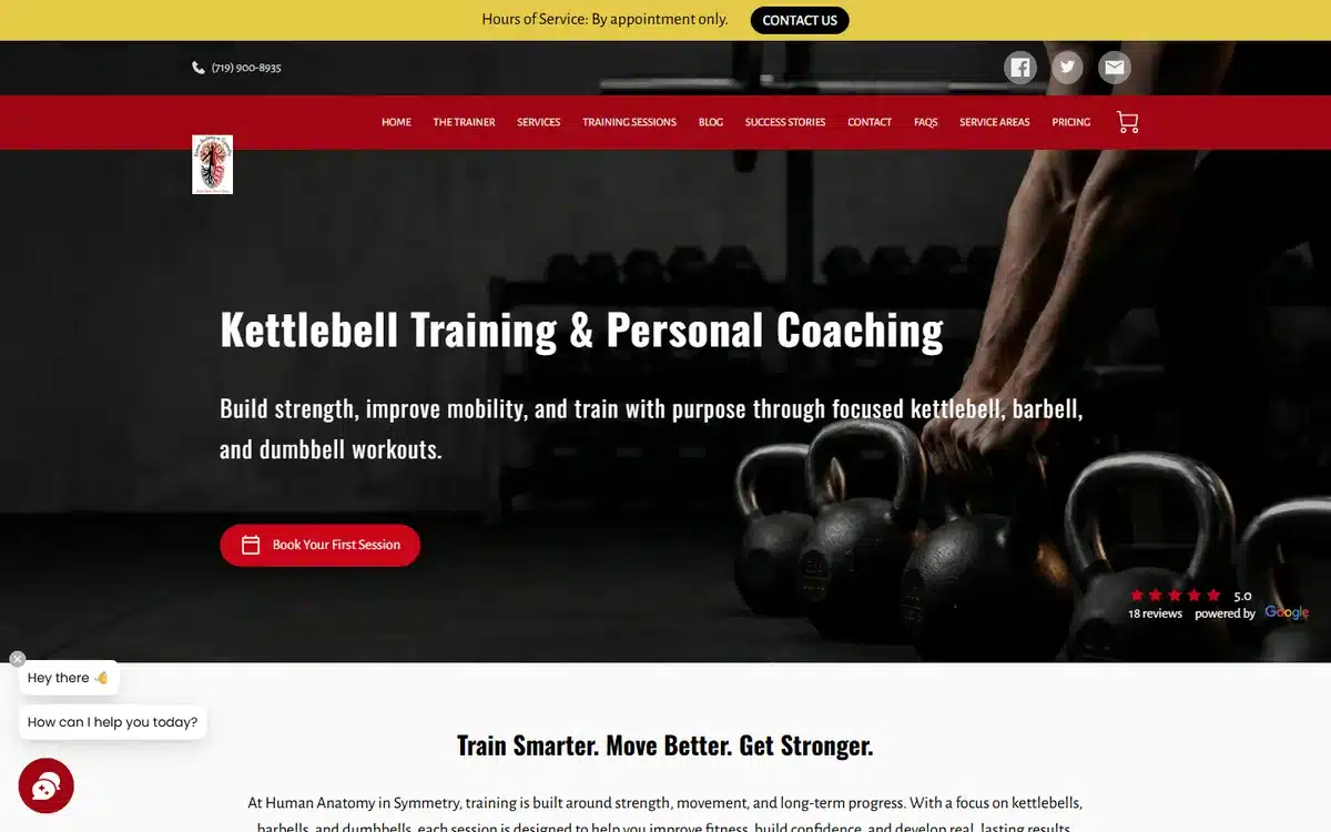 Human Anatomy in Symmetry website homepage with a single Book Your First Session button and Pricing and Service Areas in the navigation