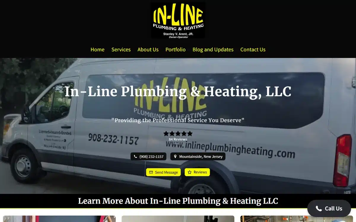 In-Line Plumbing and Heating website homepage using their own van as the hero photograph