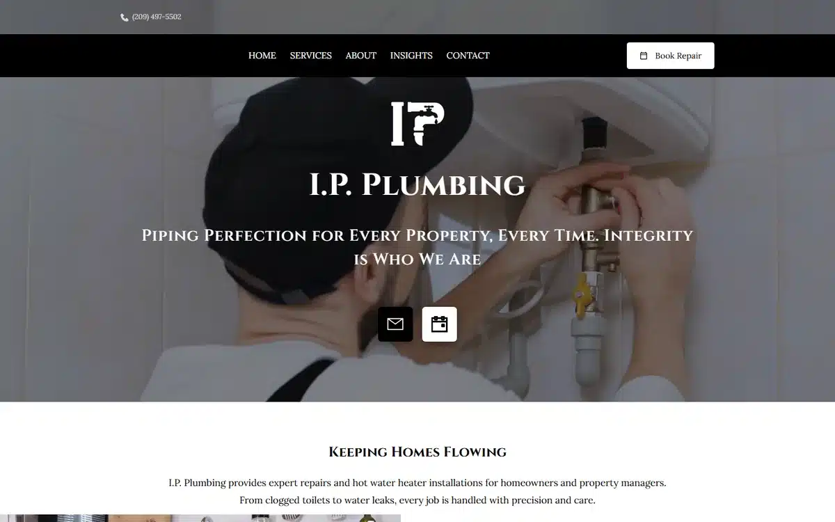 I.P. Plumbing website homepage with a serif small caps tagline and phone number in the top bar