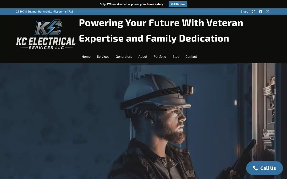 KC Electrical Services website homepage with a flat 79 dollar service call offer in the top bar