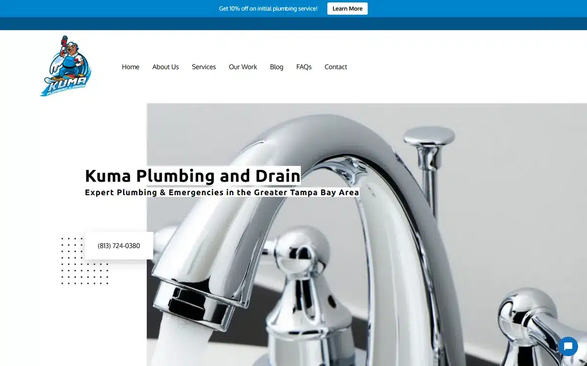 Kuma Plumbing and Drain website homepage with a cartoon bear mascot holding a wrench