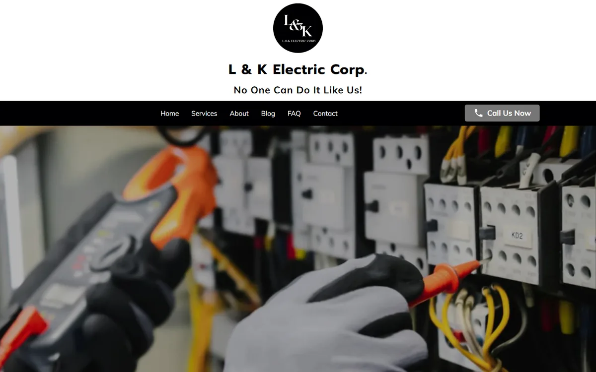 L and K Electric Corp website homepage with the slogan between the logo and a black navigation strip, over a panel-testing photo