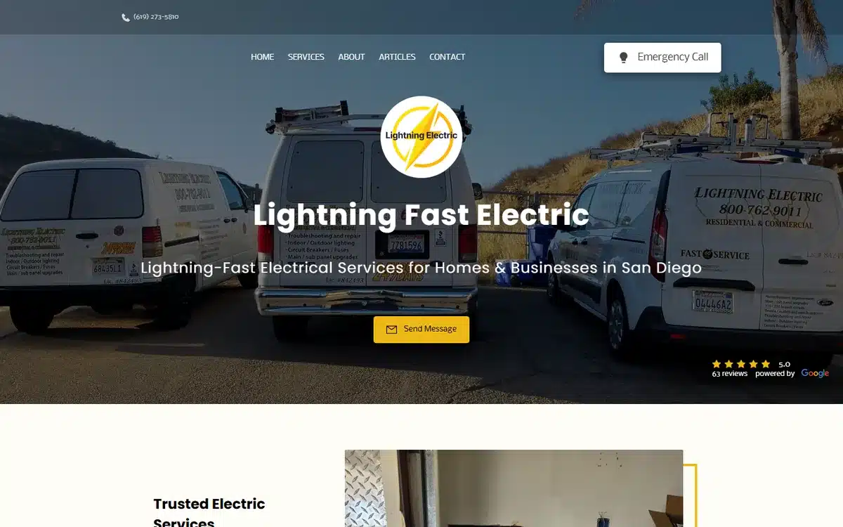 Lightning Fast Electric website homepage with a circular logo badge centred over a photo of their three-van fleet