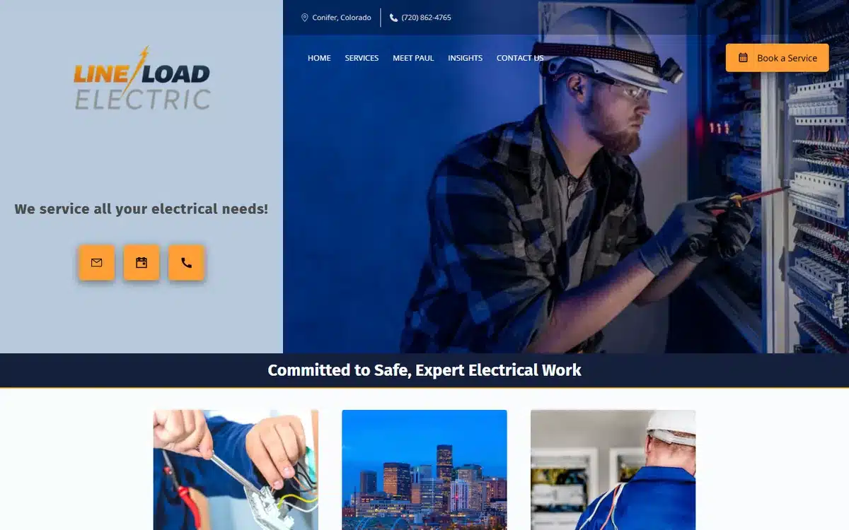Line Load Electric website homepage with three orange icon buttons for email, booking and phone under the tagline
