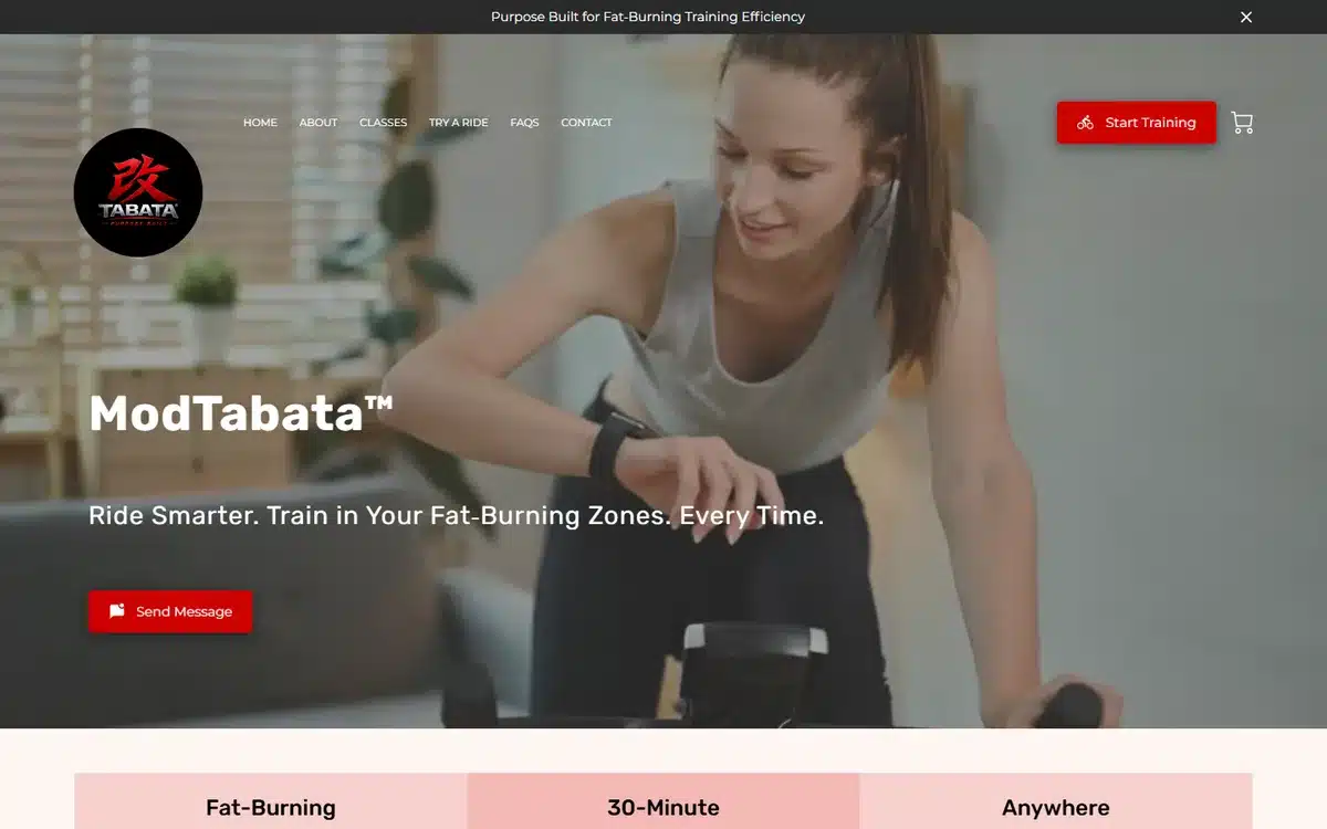 ModTabata website homepage with three benefit tiles reading Fat-Burning, 30-Minute and Anywhere under the hero