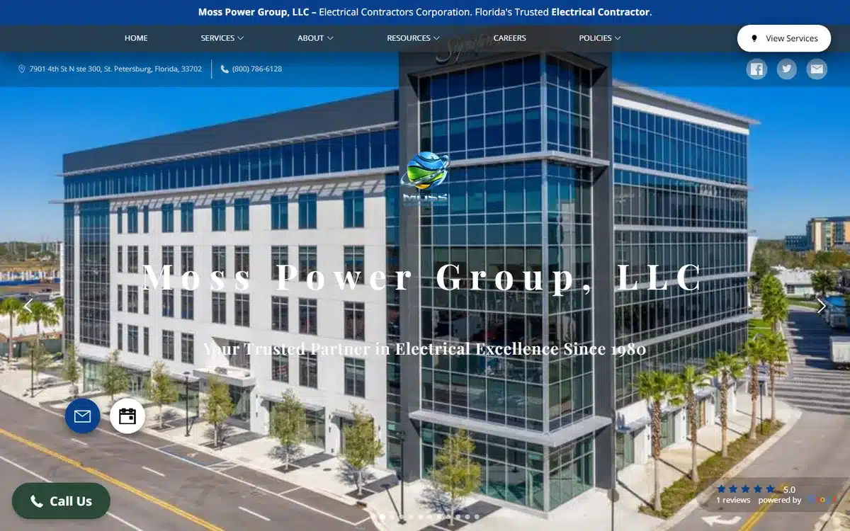 Moss Power Group website homepage with a hero subline dating the firm to 1980 and a Google rating badge