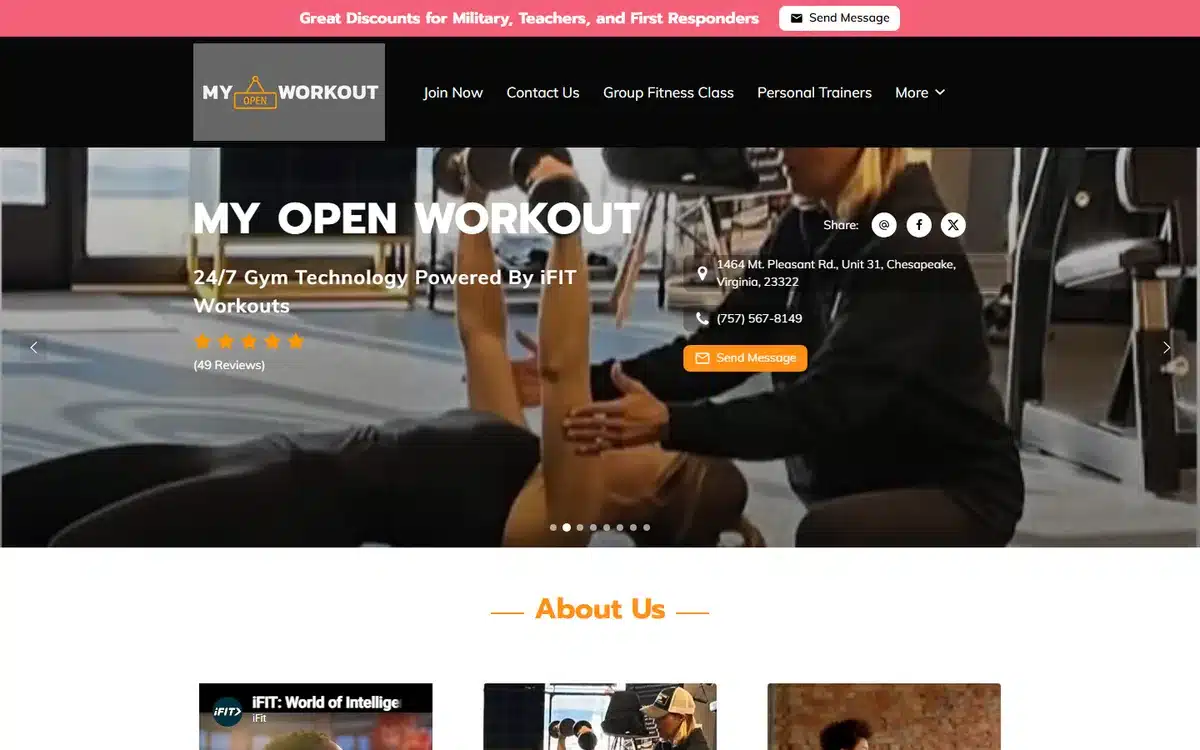 My Open Workout website homepage with a banner offering military, teacher and first-responder discounts above a rating and address