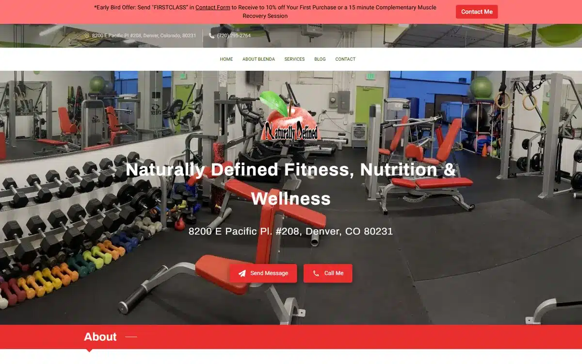 Naturally Defined Fitness website homepage using a photo of the actual gym floor with the full street address under the name