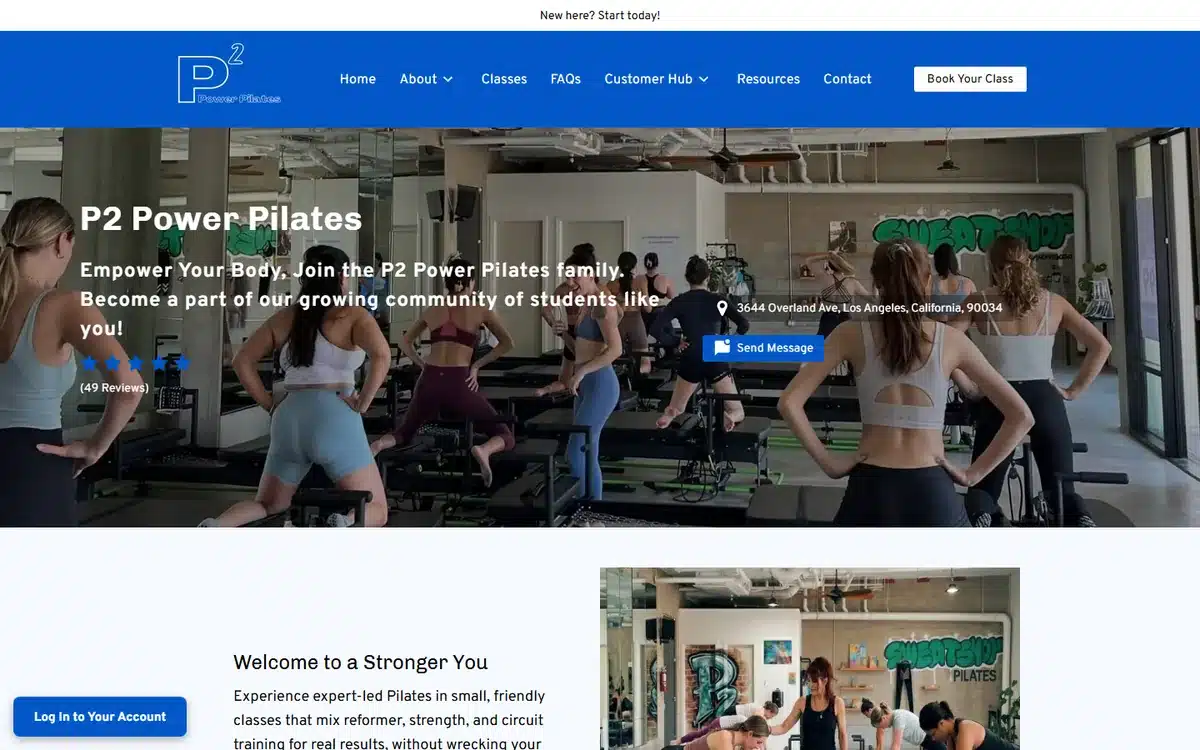 P2 Power Pilates website homepage with a five-star rating, 49 review count and street address inside the hero