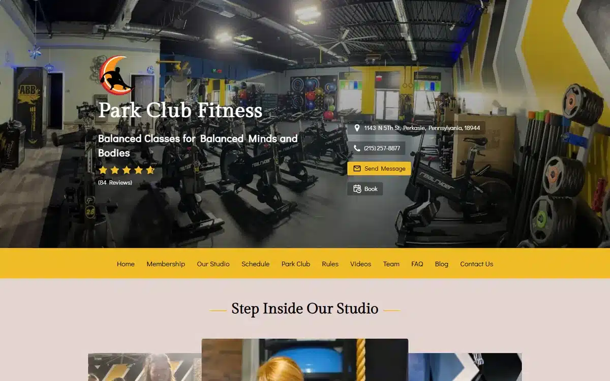 Park Club Fitness website homepage with address, phone, star rating and a Book button all inside the hero block
