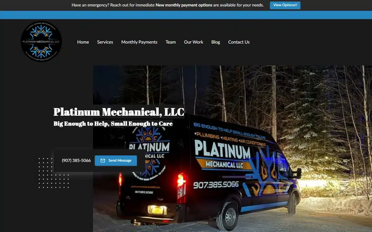 Platinum Mechanical plumbing and mechanical contractor website homepage with a night van photograph and financing offer