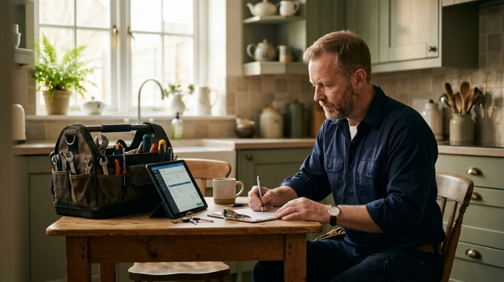 Plumber sitting at a kitchen table writing a quote beside an open toolbag and a tablet