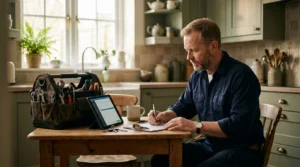 Plumber sitting at a kitchen table writing a quote beside an open toolbag and a tablet