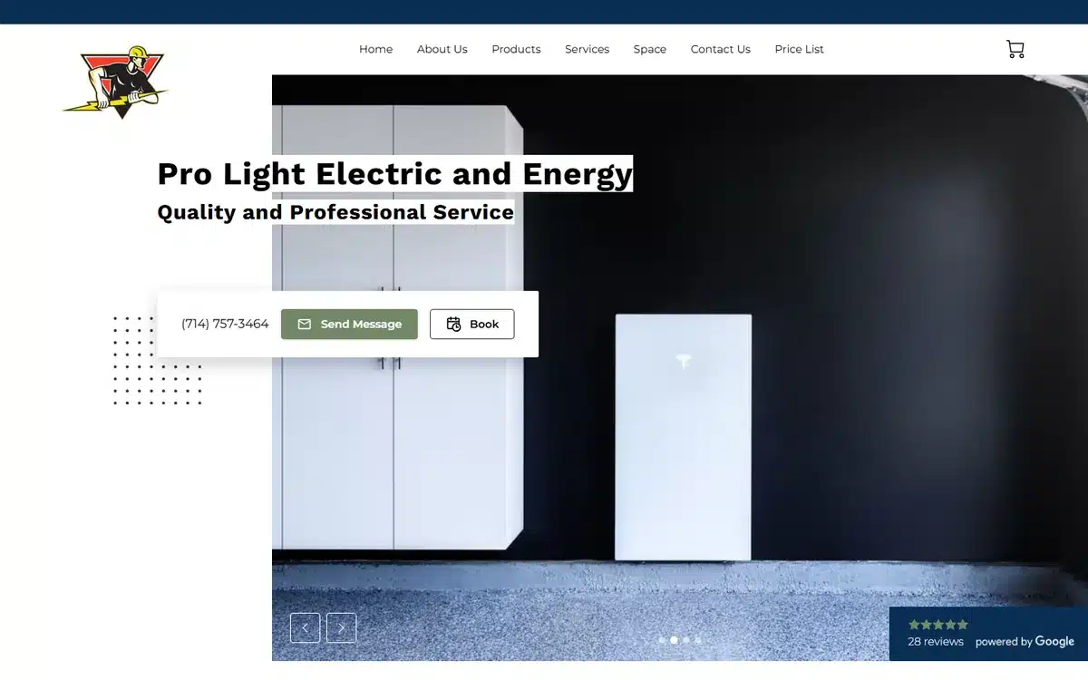 Pro Light Electric and Energy website homepage showing an installed Tesla Powerwall, with Products and Price List in the navigation
