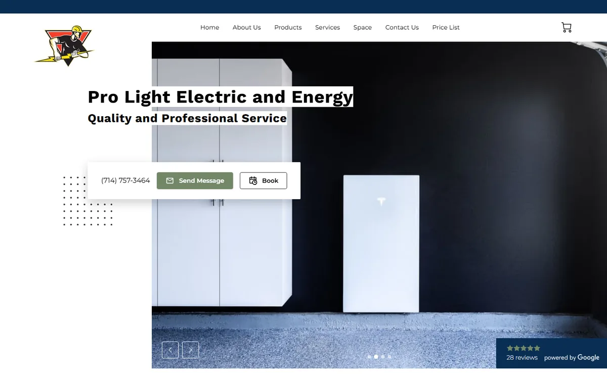 Pro Light Electric and Energy website homepage showing an installed Tesla Powerwall, with Products and Price List in the navigation