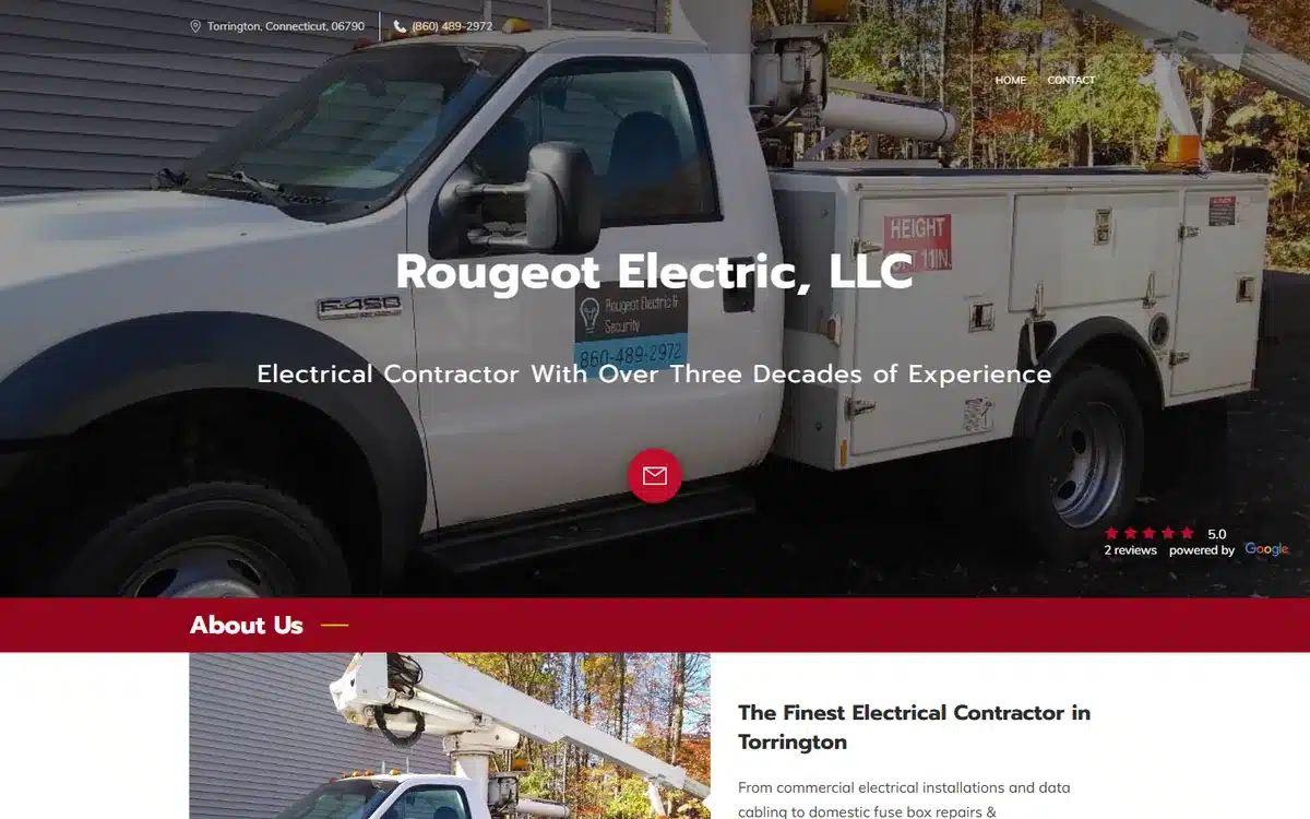 Rougeot Electric website homepage with their own bucket truck in the hero, door decal and phone number legible