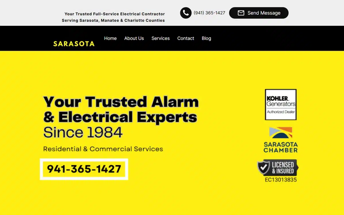 Sarasota Alarm and Electric website homepage with three badges for dealer status, chamber membership and licence number
