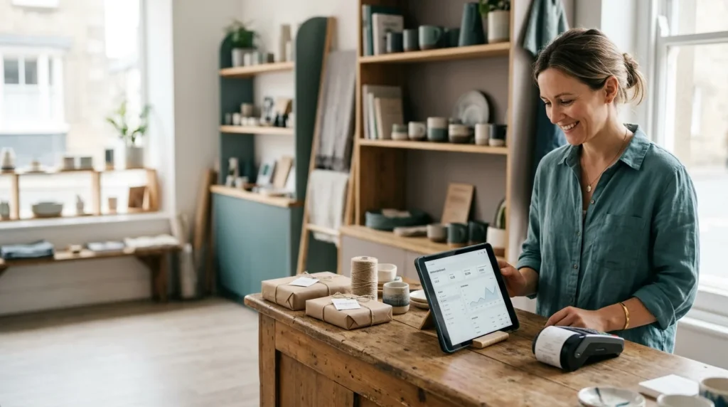 Small shop owner at a counter with a tablet showing an online store dashboard and a card reader