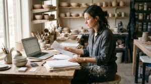 A ceramics studio owner reviewing grant paperwork at her workbench with a laptop open beside her