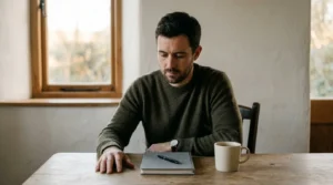 Small business owner sitting at a kitchen table with a closed notebook, thinking about his marketing budget