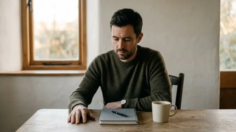 Small business owner sitting at a kitchen table with a closed notebook, thinking about his marketing budget