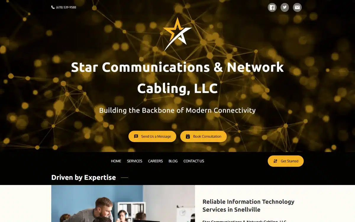 Star Communications and Network Cabling website homepage with a dark network-node background echoing the star logo