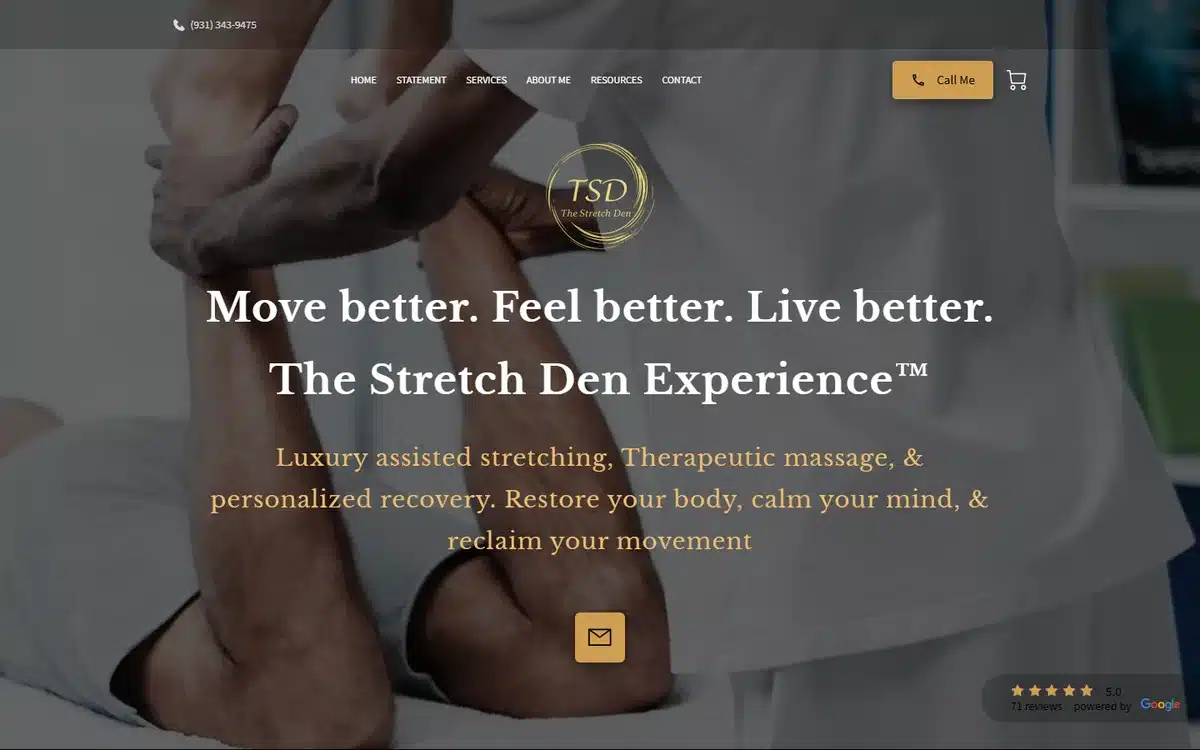 The Stretch Den website homepage with a Google 5.0 badge showing 71 reviews pinned in the corner of the hero