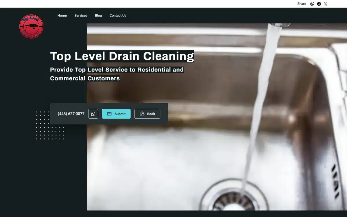 Top Level Drain Cleaning website homepage with phone, WhatsApp, submit and book grouped in one dark contact bar