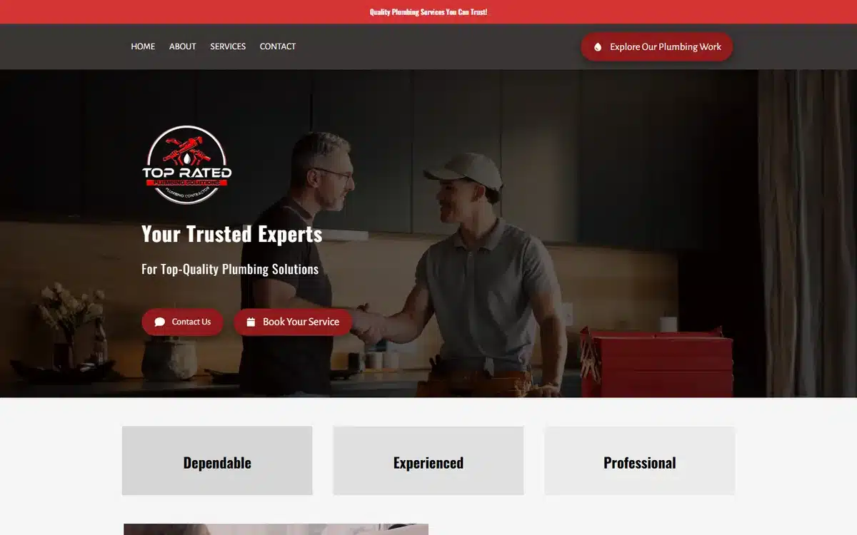 Top Rated Plumbing Solutions website homepage with a round logo badge above the headline and two calls to action