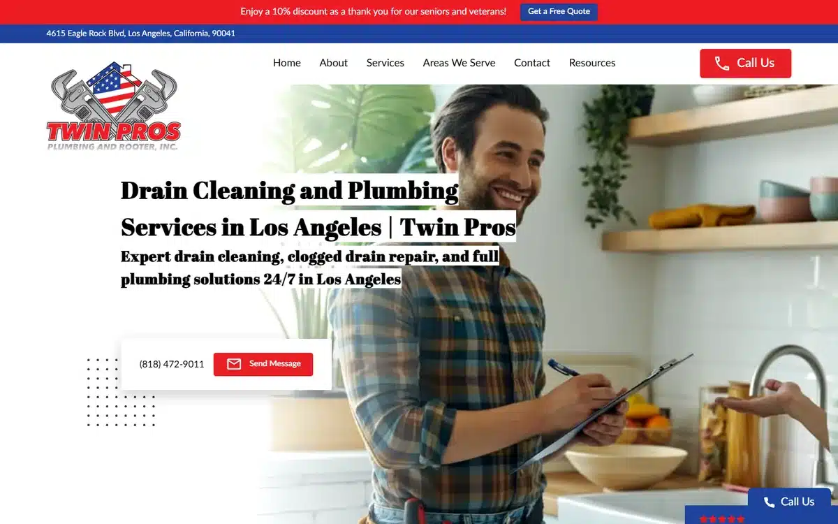 Twin Pros Plumbing and Rooter website homepage with a senior and veteran discount offer beside a quote button
