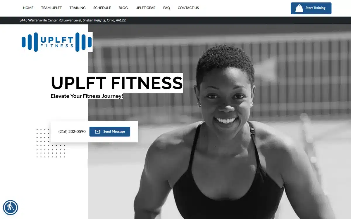UPLFT Fitness website homepage with the full street address in a dark strip immediately below the navigation bar