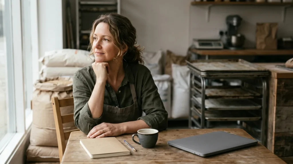 Bakery owner at a wooden table with a notebook and coffee, thinking through funding options