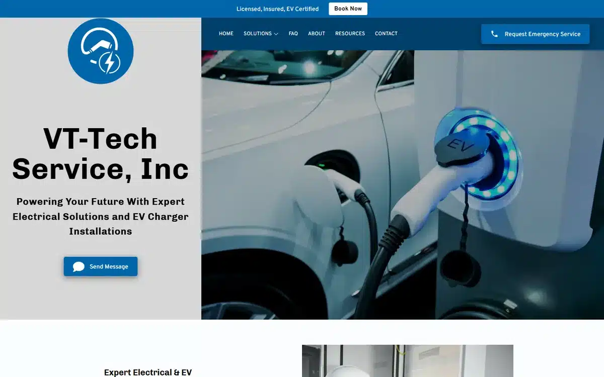 VT-Tech Service electrician website homepage with a licensed, insured and EV certified trust bar