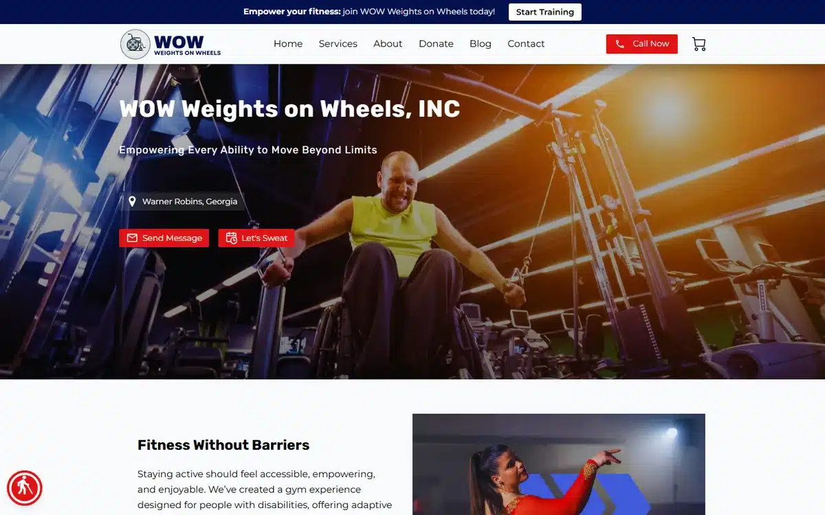 WOW Weights on Wheels website homepage with a city location chip and two calls to action stacked under the headline