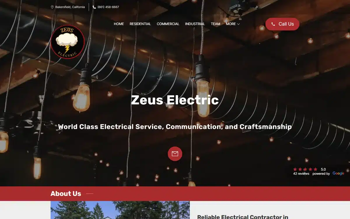 Zeus Electric website homepage with Residential, Commercial and Industrial as three top-level navigation items