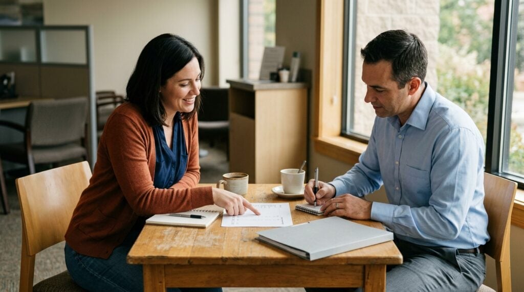 Small business owner sitting across a desk from a lender, reviewing loan paperwork and financial statements together