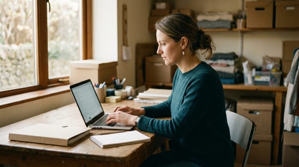 Small business owner at a laptop completing the free IRS EIN application