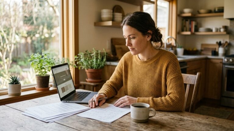 A first-time small business owner at a kitchen table with formation paperwork, an EIN letter and a laptop showing a new business website