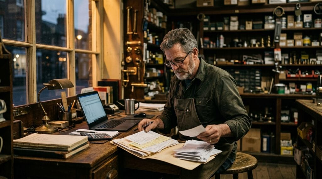 A shop owner sorting receipts and paperwork at the back counter after closing