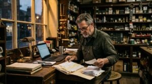 A shop owner sorting receipts and paperwork at the back counter after closing