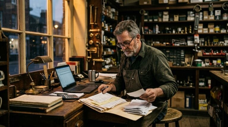 A shop owner sorting receipts and paperwork at the back counter after closing